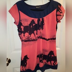 Women's Red and Navy Horse Print Blouse